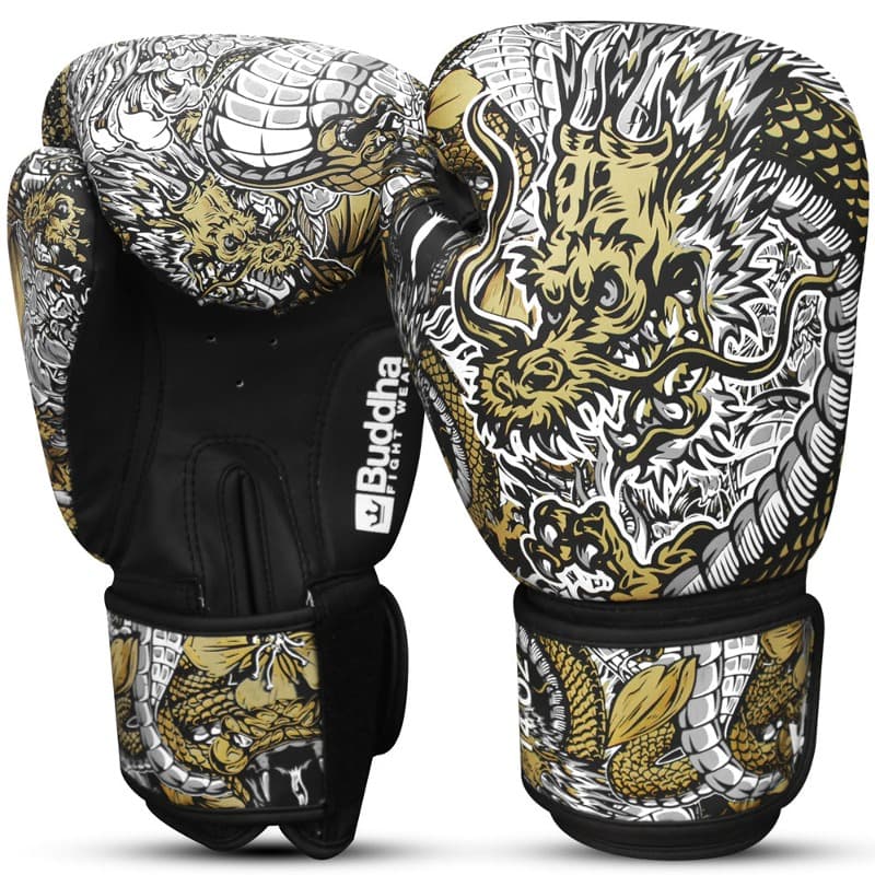 Buddha Espinilleras Muay Thai Kick Boxing Dragon Blanco